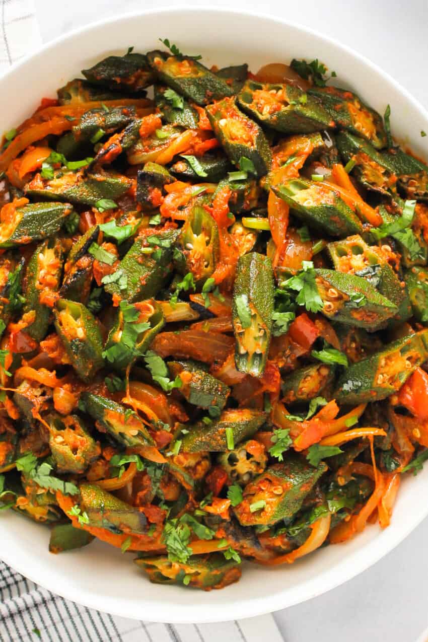 Bhindi Masala in a white bowl