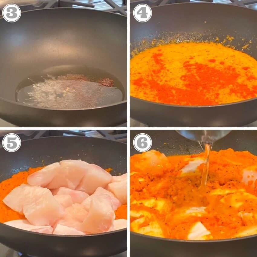 stepes three through six of making fish curry in a skillet 