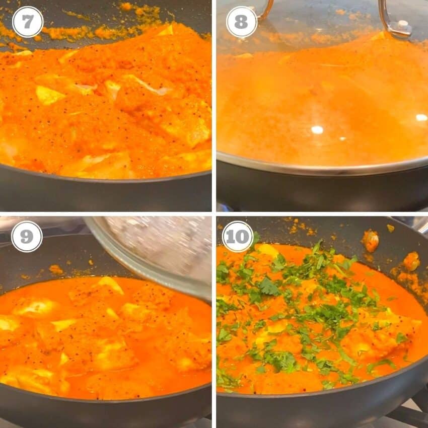 steps seven through ten of cooking fish curry 
