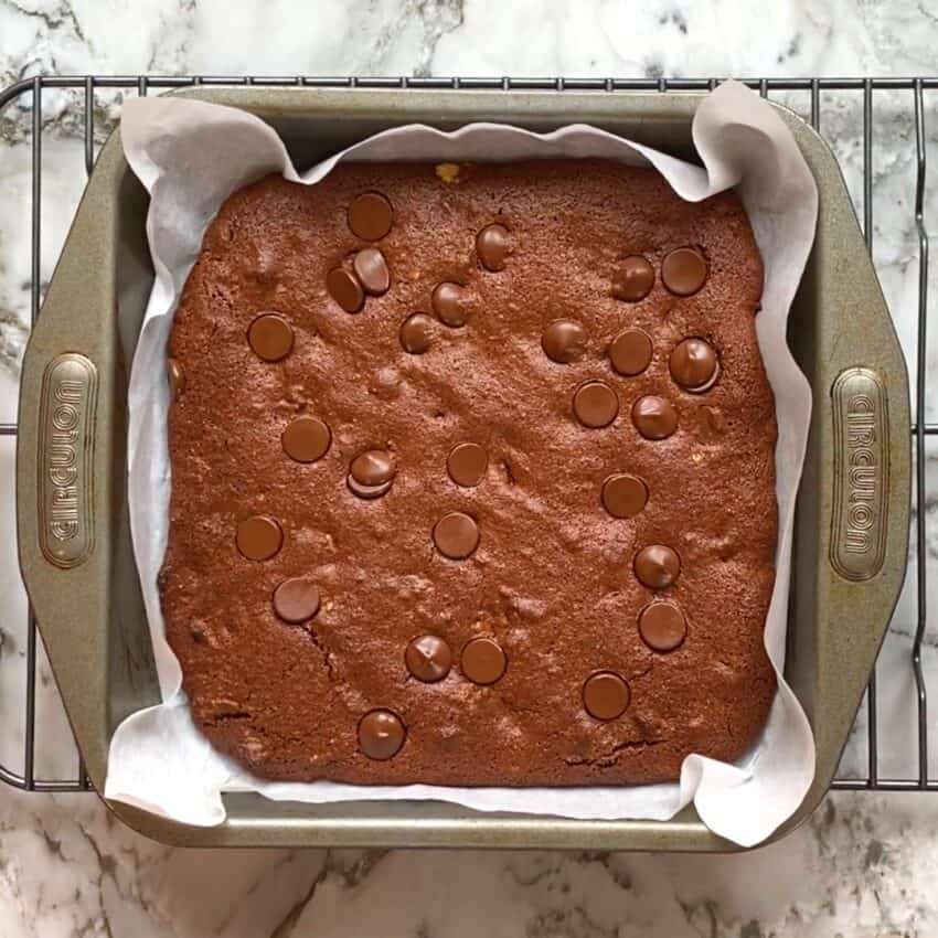 A pan of almond flour brownies fresh out of the oven 