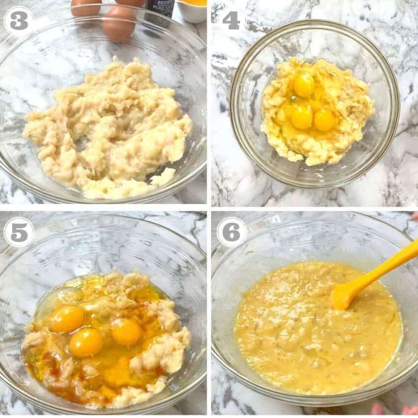 mixing eggs with bananas 
