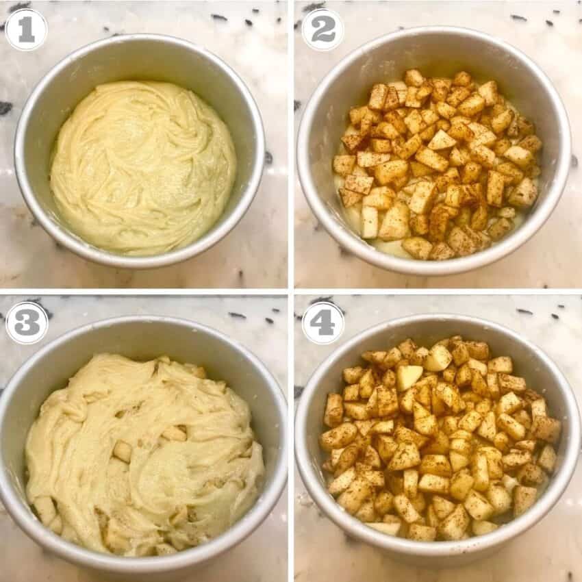 Steps one through four showing how to make apple cake
