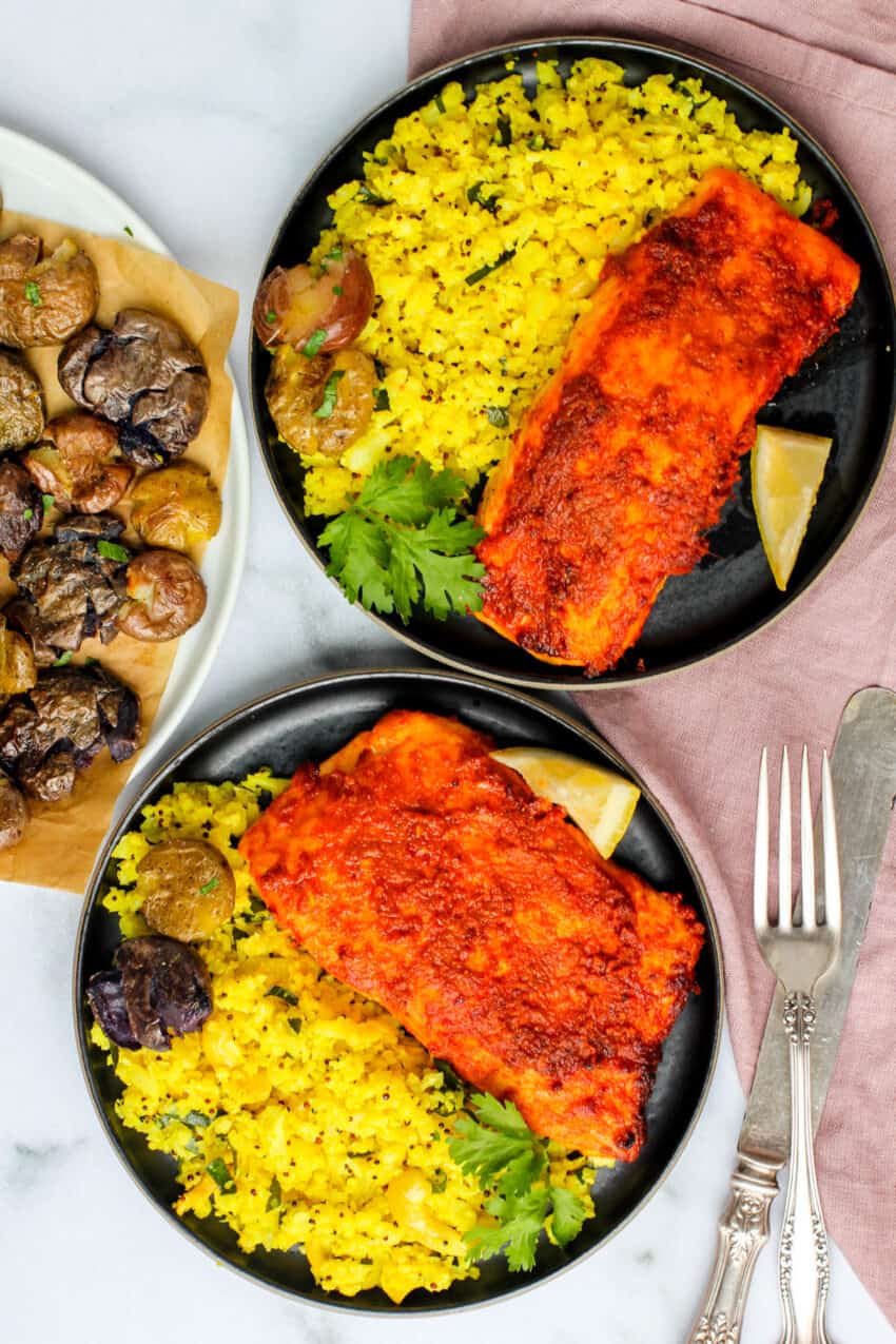 Tandoori salmon served with cauliflower rice and smashed potatoes 