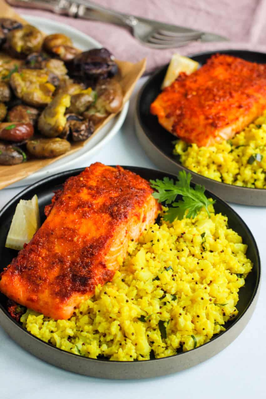 tandoori salmon served over turmeric cauliflower rice