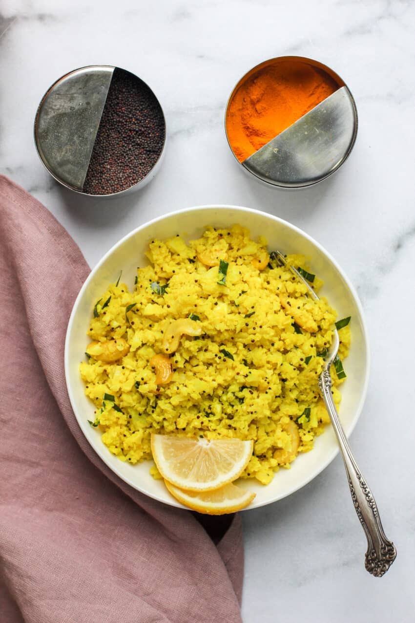 lemon cauliflower rice in a white bowl