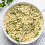 cauliflower rice in a white bowl