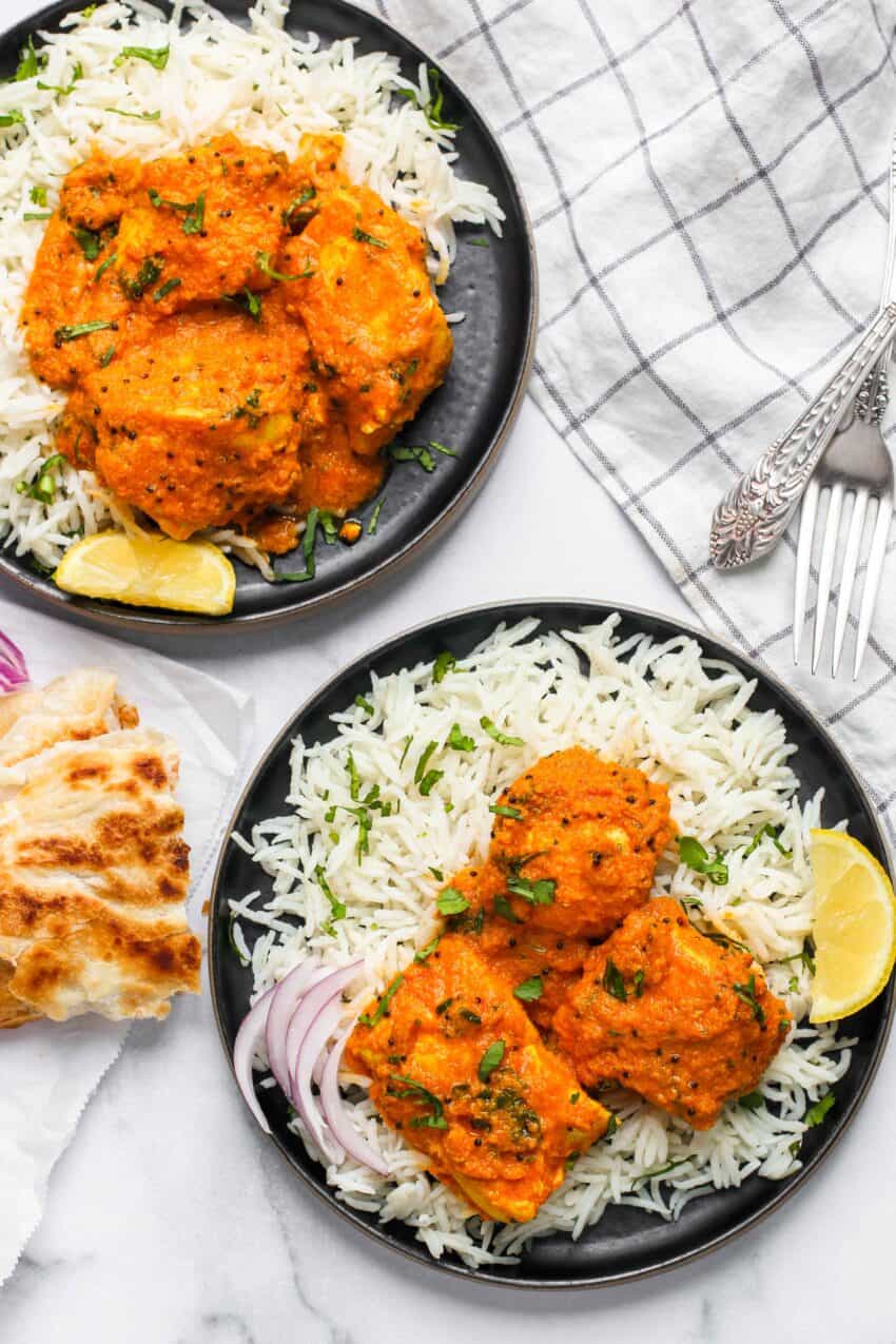 fish curry served with basmati rice