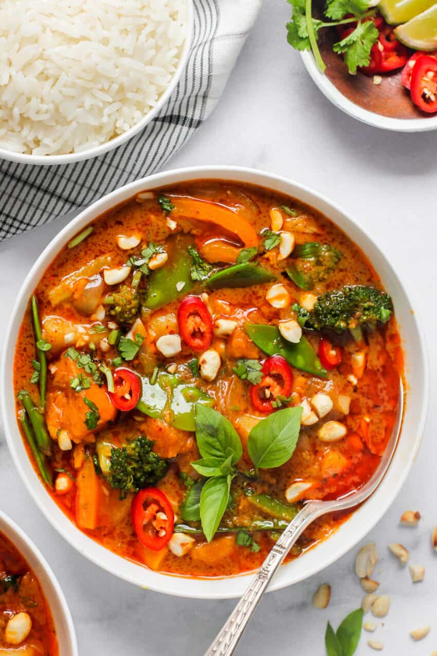Vegan Thai Massaman Curry in a white bowl