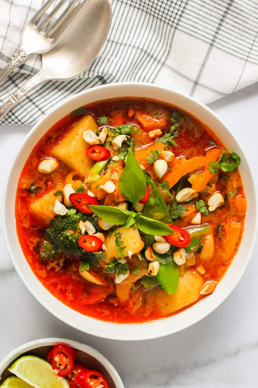 Vegan Massaman curry served in a bowl 