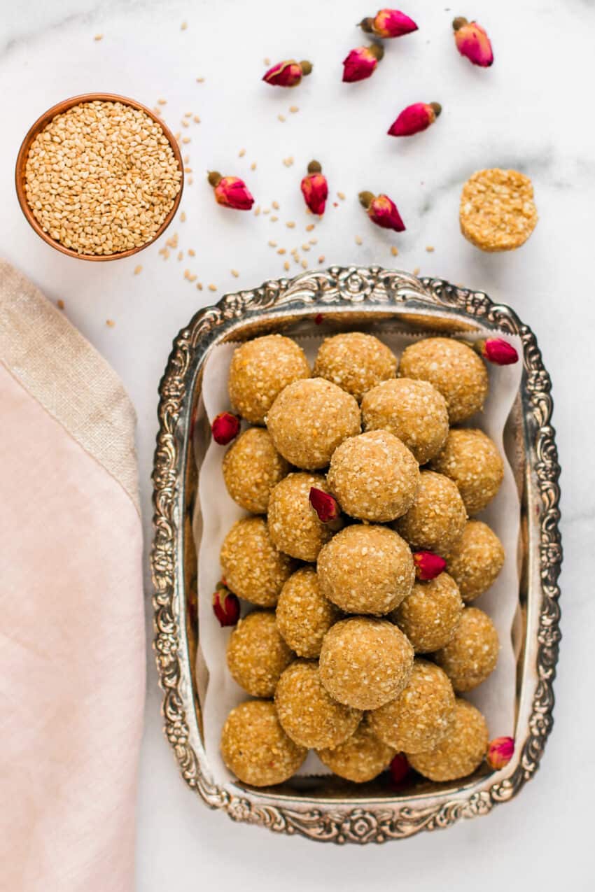 til laddu in a silver platter