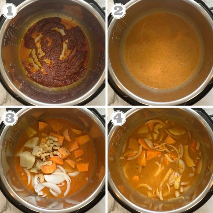 steps one through four showing ingredients in Instant Pot