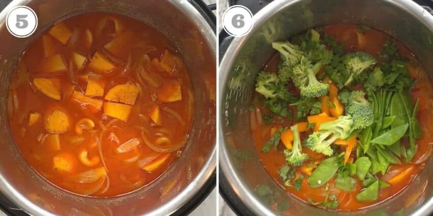 steps five through six adding vegetables to Instant Pot