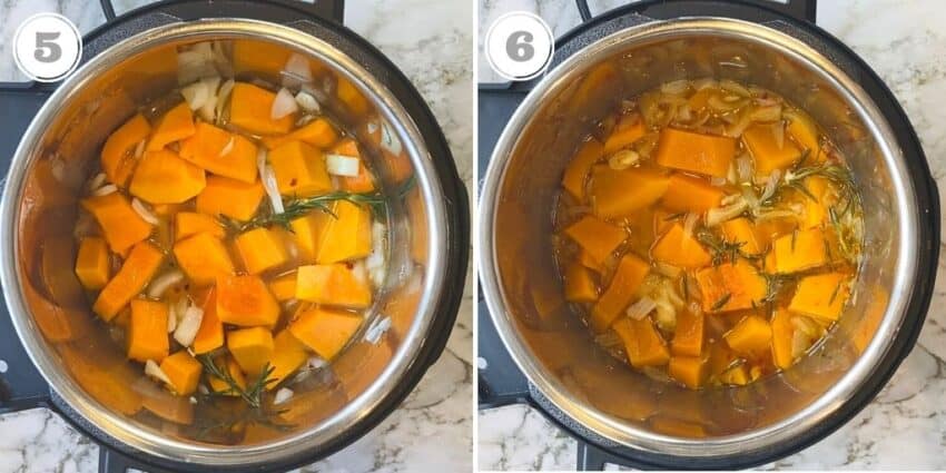 Steps five through six of making butternut squash soup 