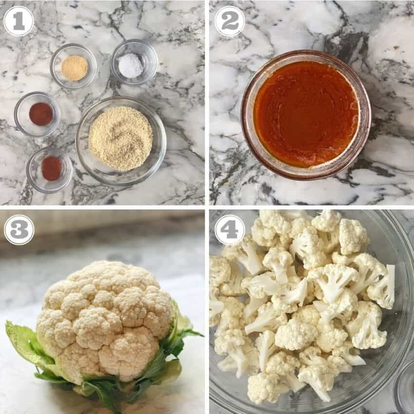 steps one through four of making buffalo cauliflower wings 