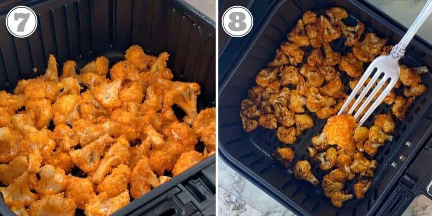 steps seven and eight of making buffalo cauliflower wings in air fryer basket