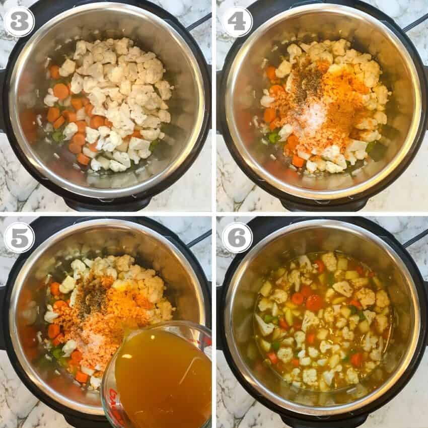 veggies, spices and broth in the Instant Pot 