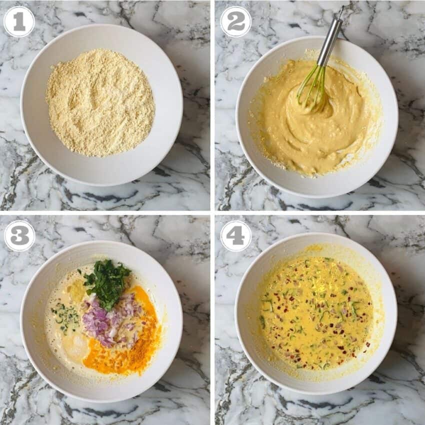 steps one through four showing how to make batter for vegan masala toast 