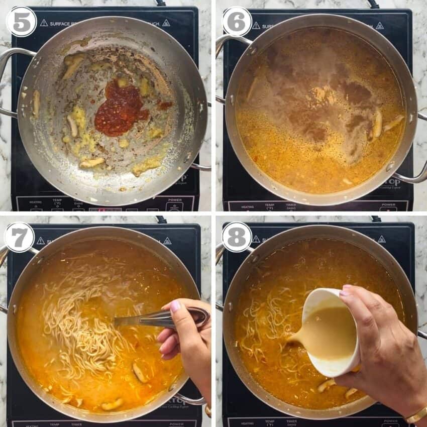 photos five through eight showing how to cook miso soup 