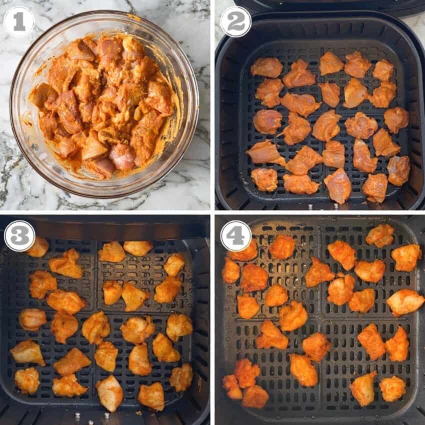 steps one through four showing air frying marinated chicken 