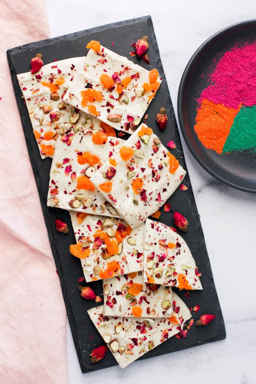 white chocolate bark with holi colors 