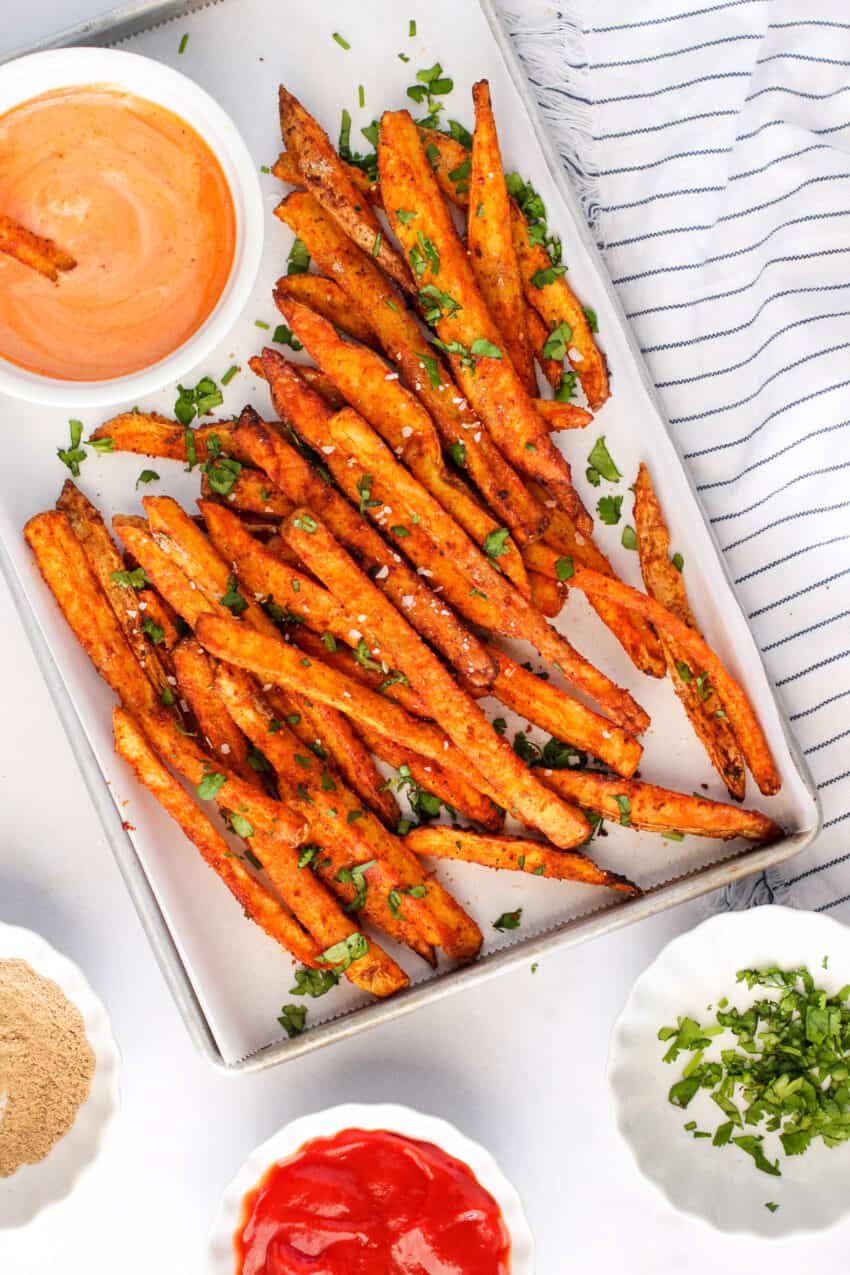 air fryer masala fries served with sriracha mayo 