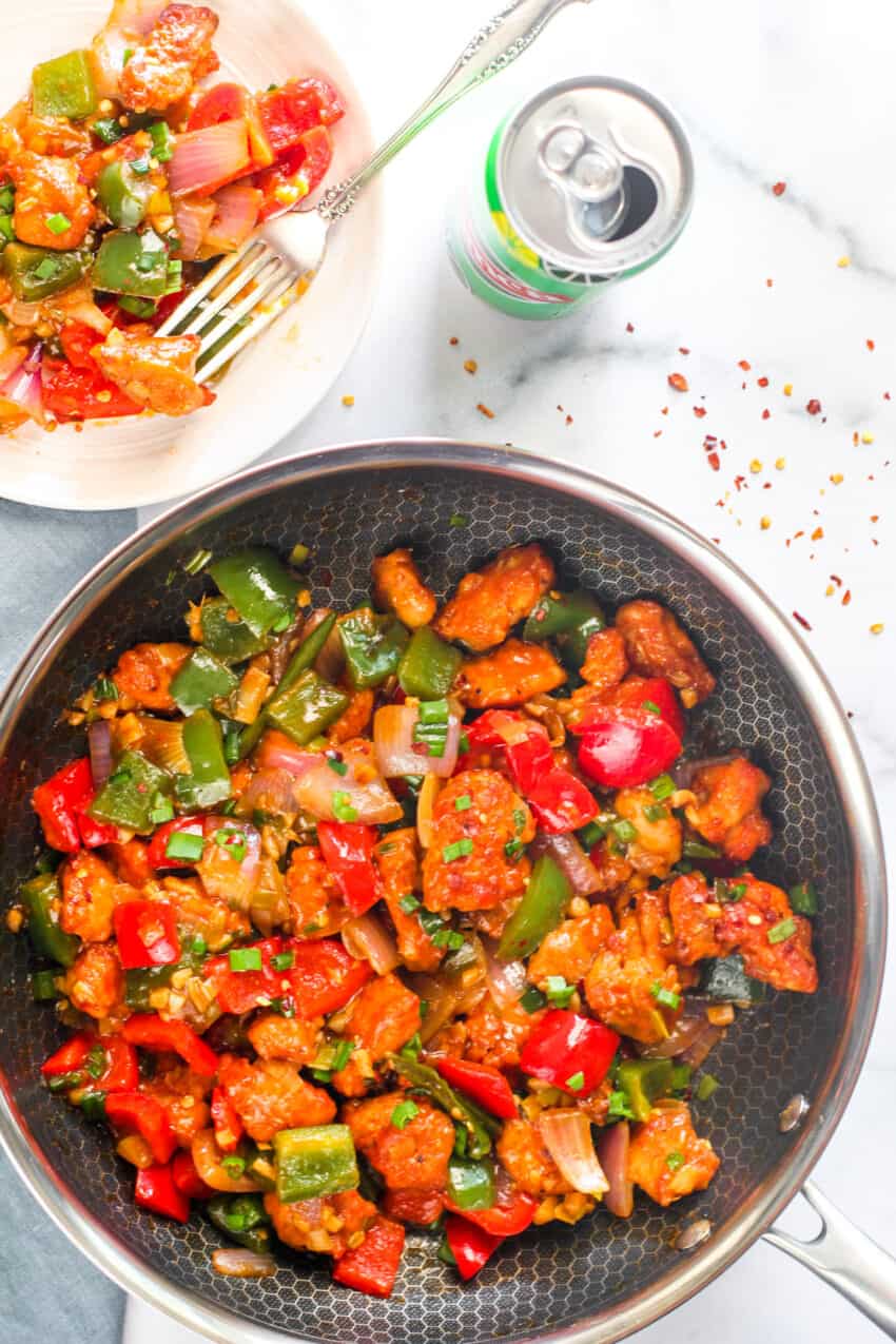 chilli chicken in a skillet 