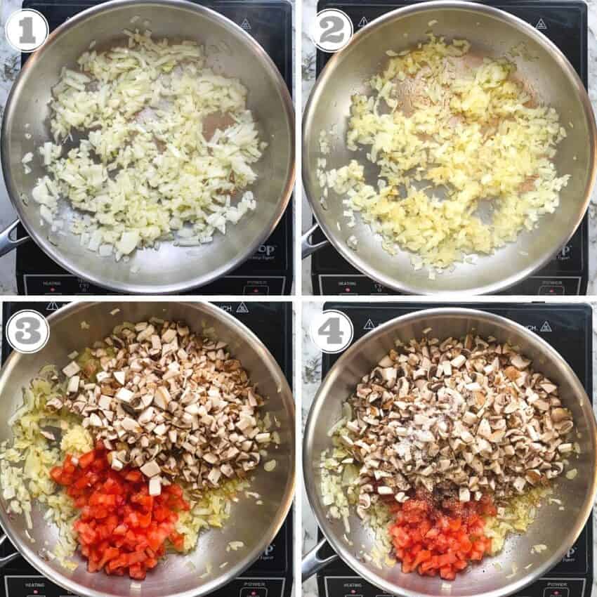 sautéing onions, mushrooms and tomatoes in a pan 