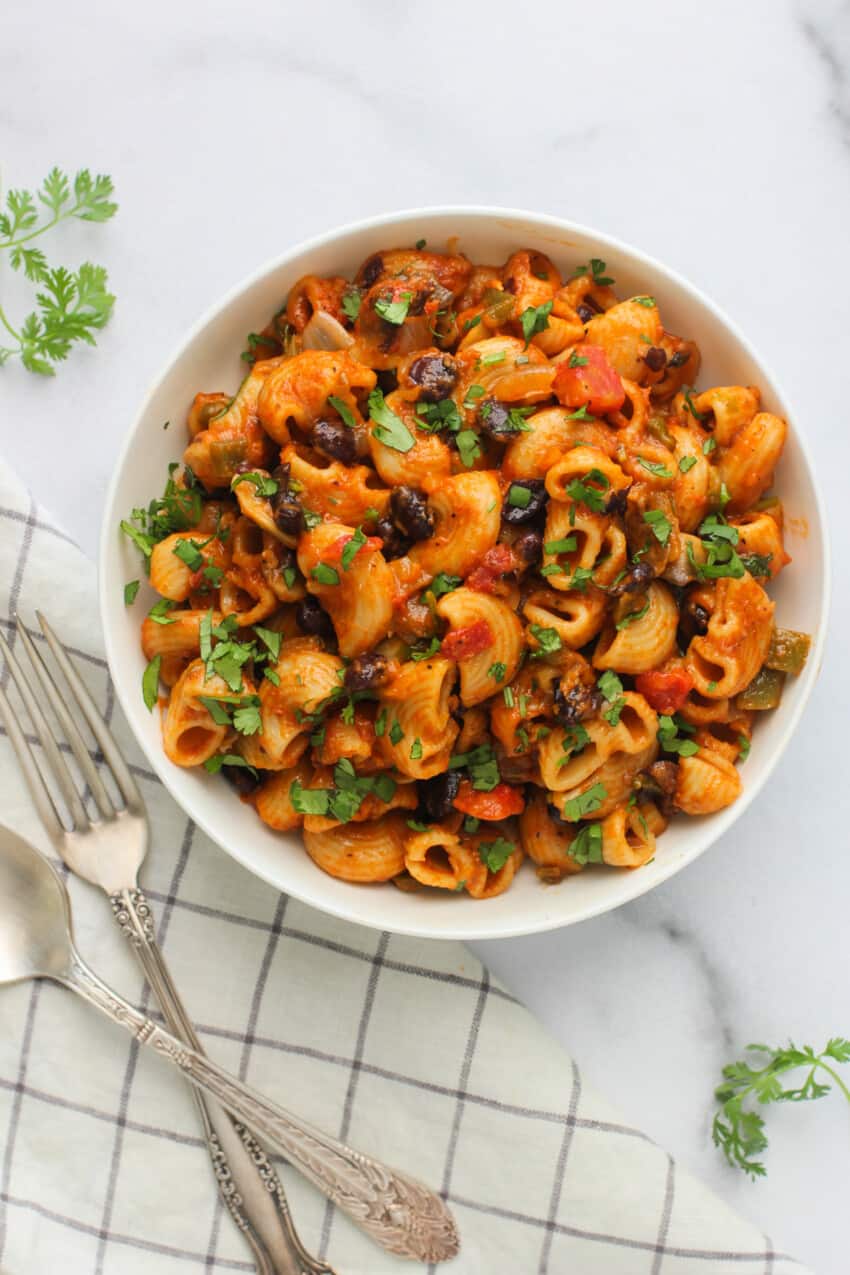 taco pasta in a white bowl 
