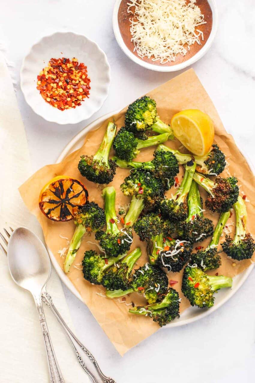 air fried broccoli served with lemon