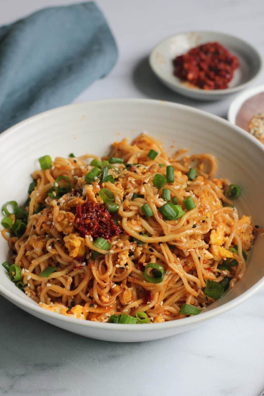 Tik Tok Ramen Noodles in a bowl garnished with scallions 