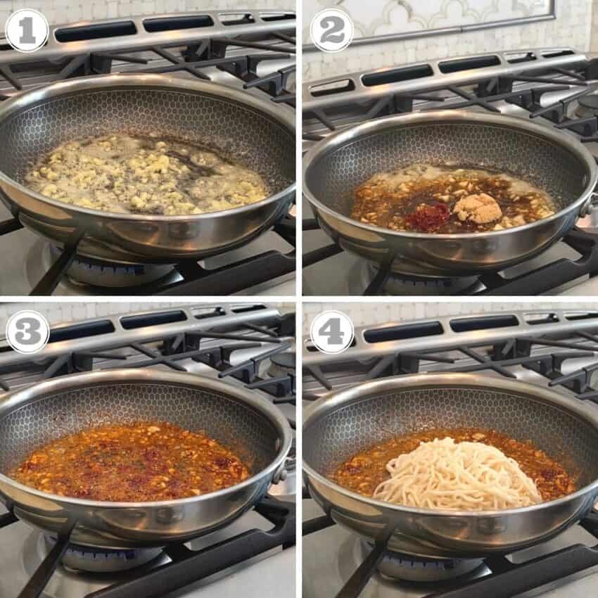 cooking ramen noodles in a pan 