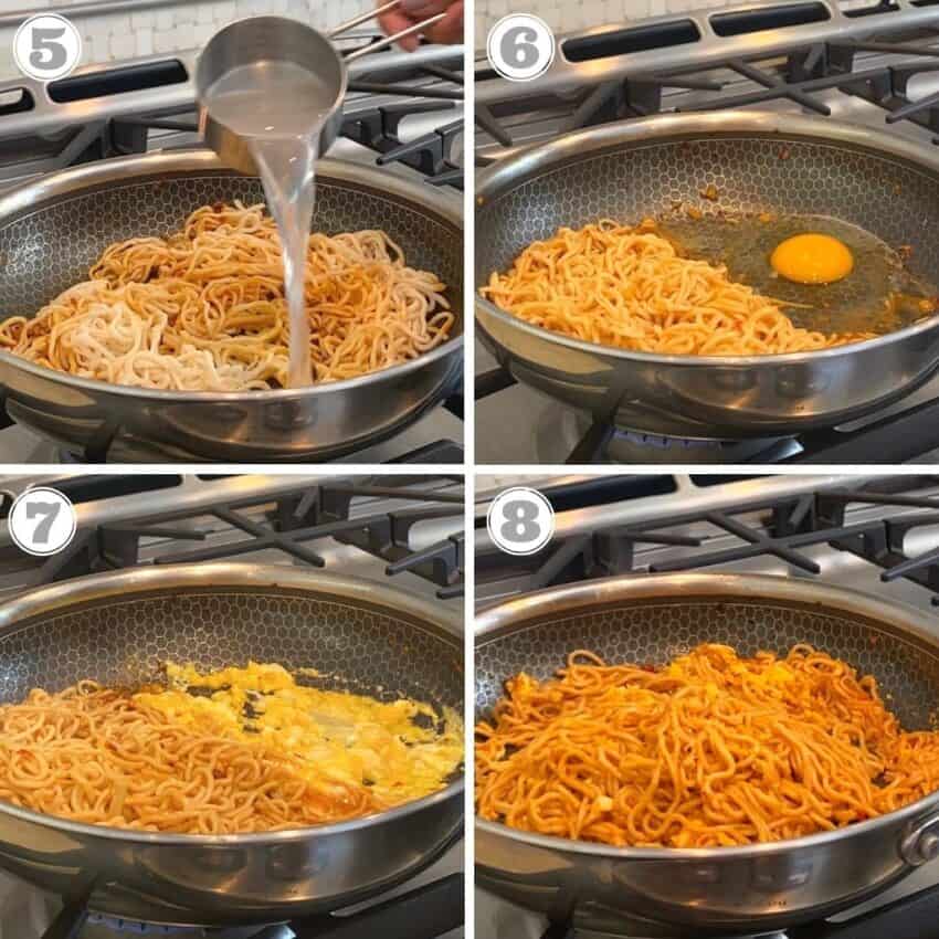 add water and egg to the pan with ramen noodles 