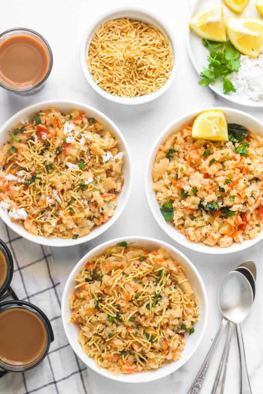 upma served in 3 bowls along with tea