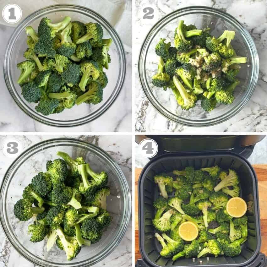 Steps one through four of air fryer broccoli 