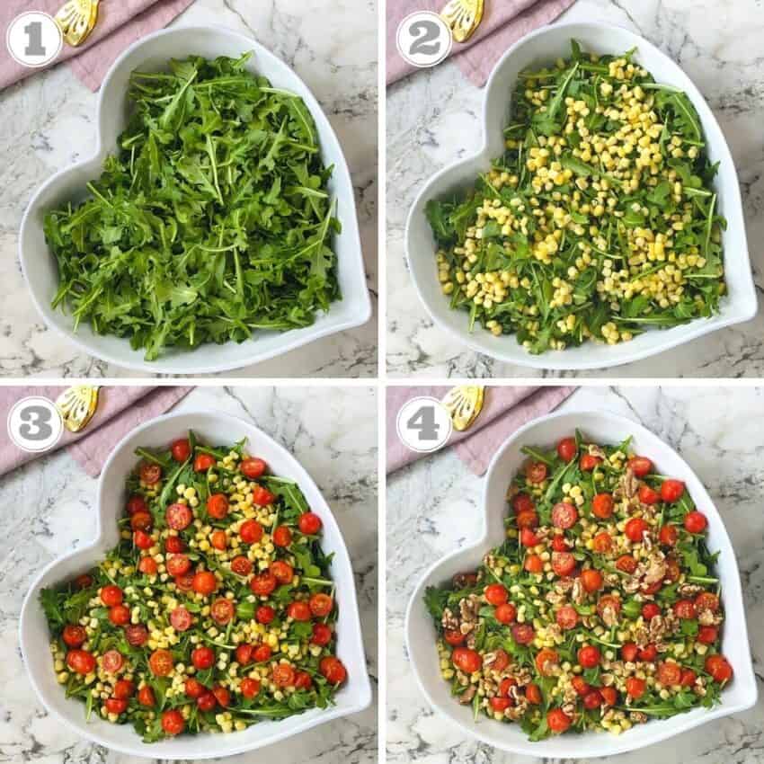 steps one thru four of arugula salad 