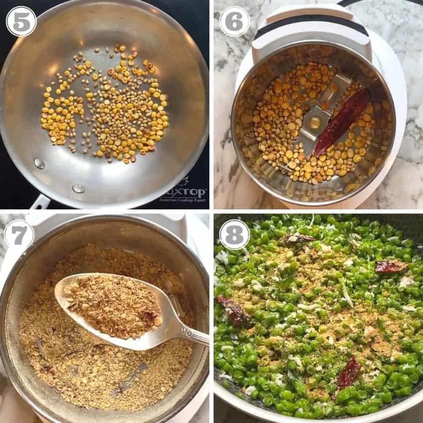 steps five through eight of making green beans poriyal 