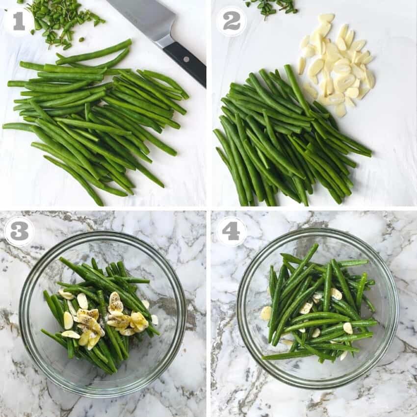 steps one through four of making air fryer string beans  