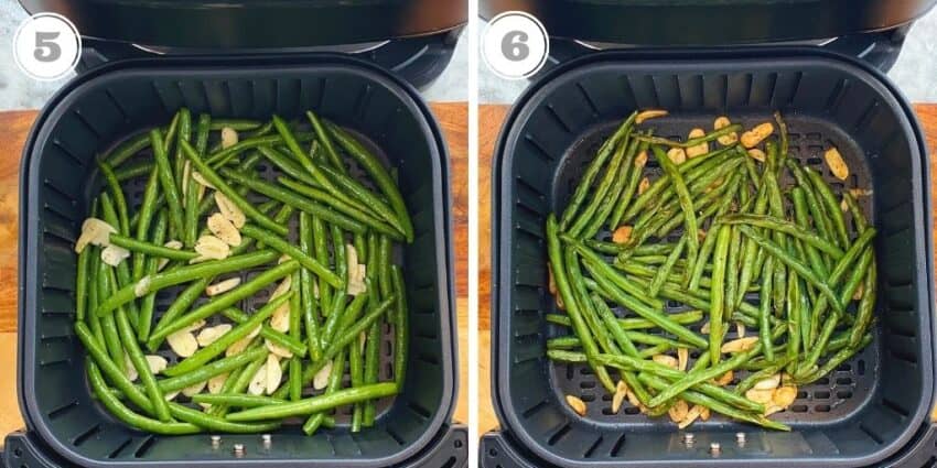 photos five and six showing green beans in air fryer basket 