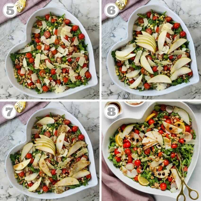 steps five thru eight of arugula salad 