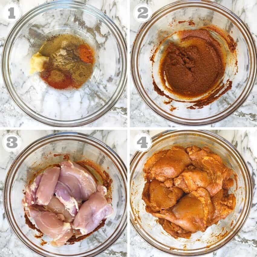 photos one through four showing how to marinate chicken for shawarma 