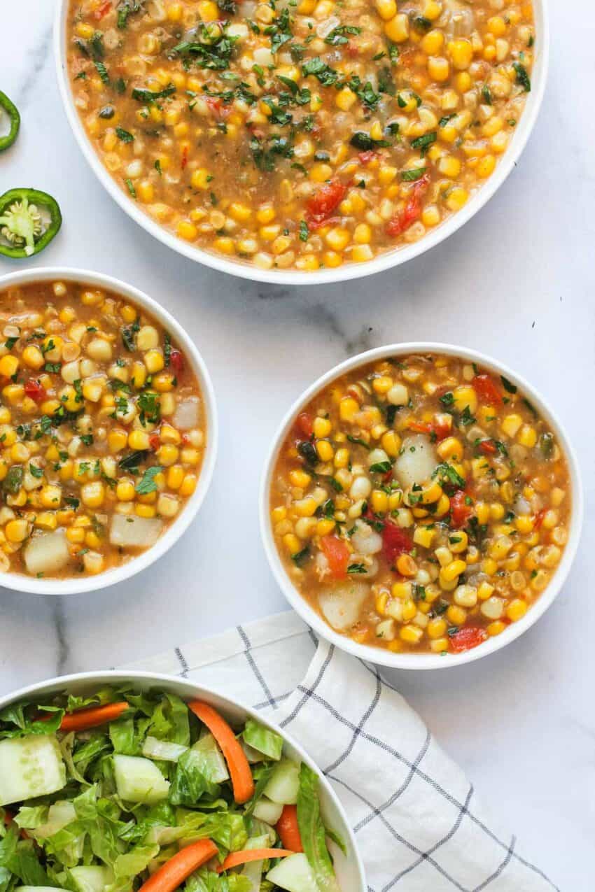 corn chowder in 3 bowls