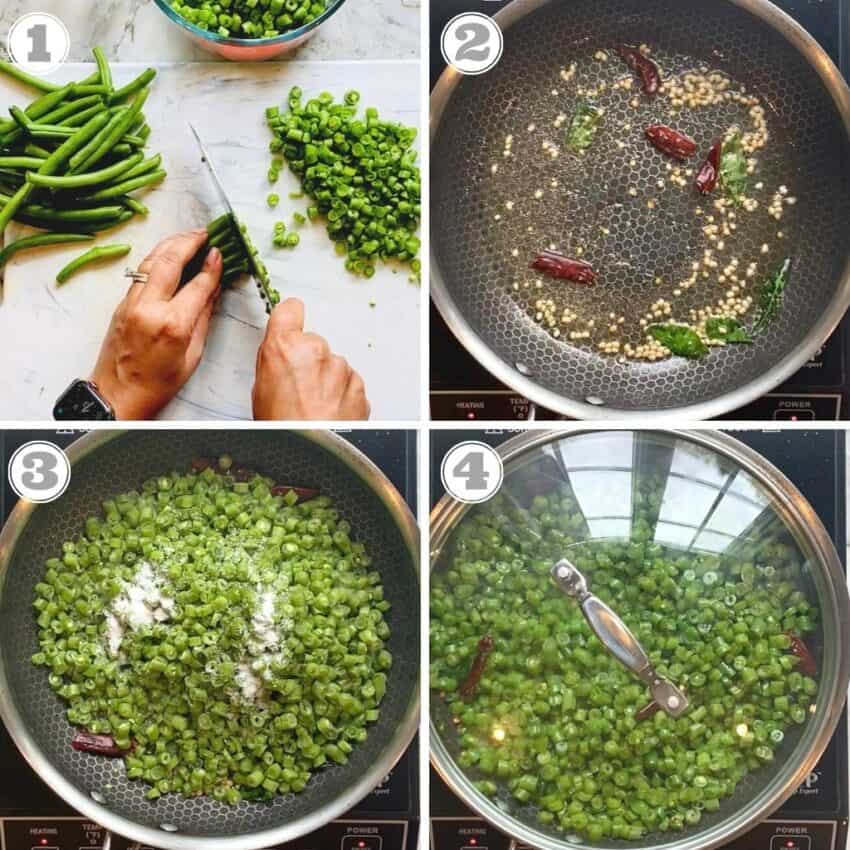 steps one through four of making stir fried green beans 
