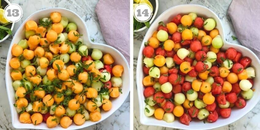 photos thirteen and fourteen showing garnished melon salad 