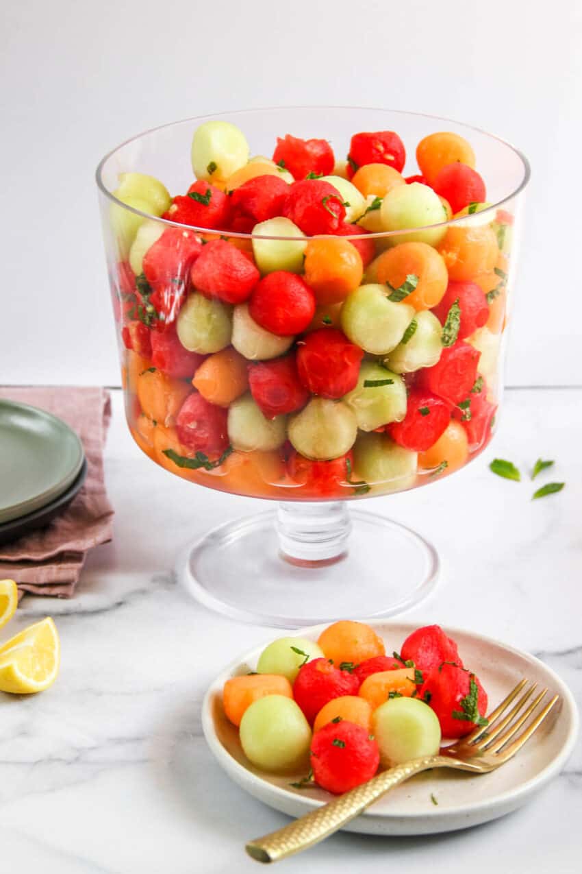 melon salad in a glass triffle bowl 