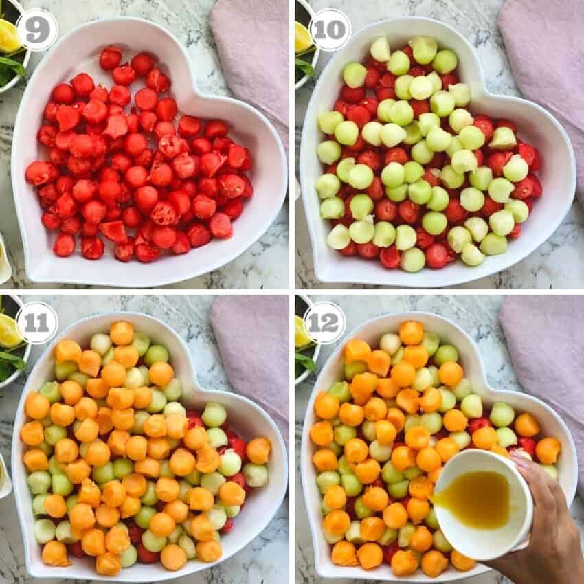 photos nine through twelve showing how to assemble melon balls salad 