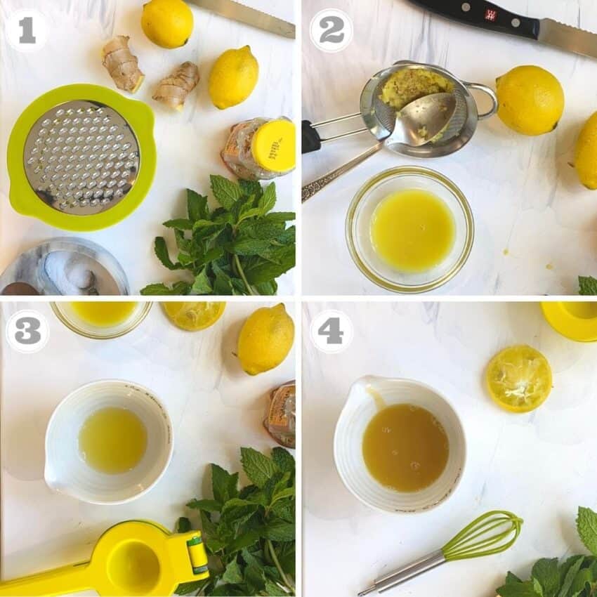 photos one through four of making lemon ginger dressing 