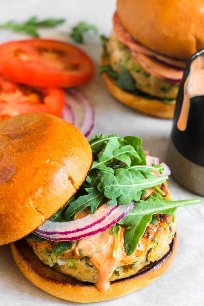 salmon burger on brioche buns