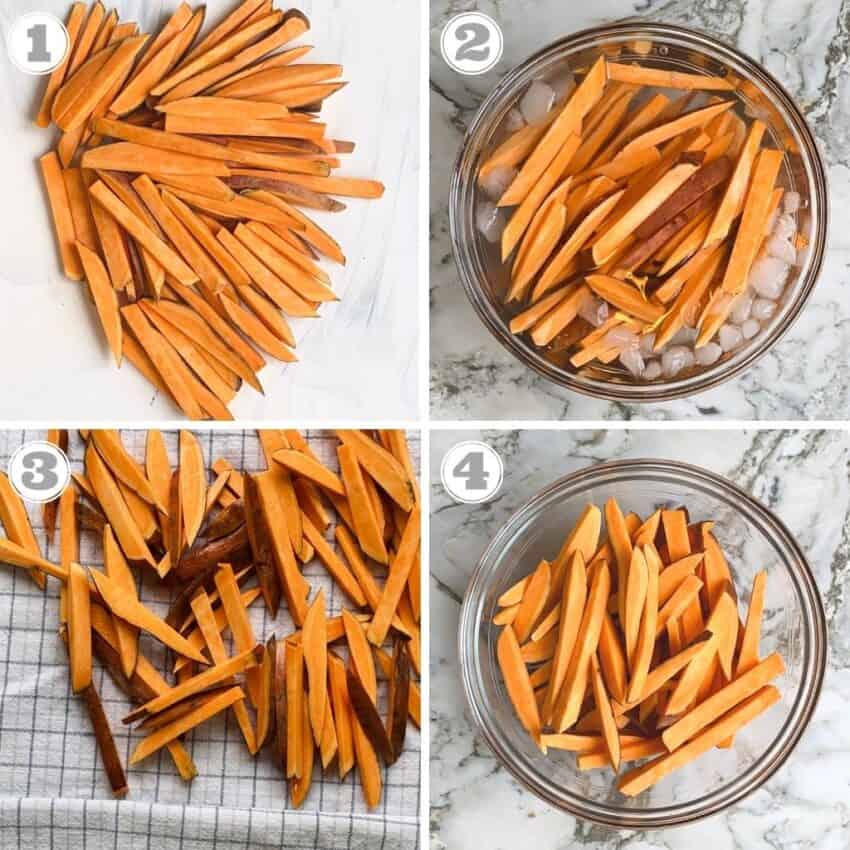 photos one through four showing how to prep sweet potatoes 