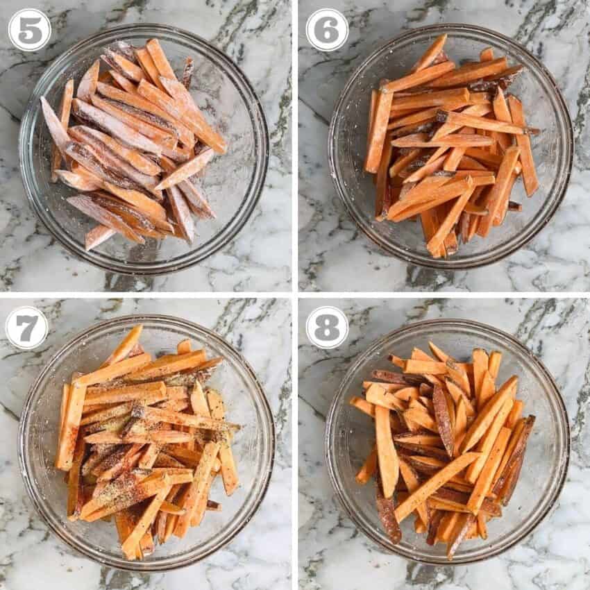 photos five through eight showing how to season sweet potatoes 