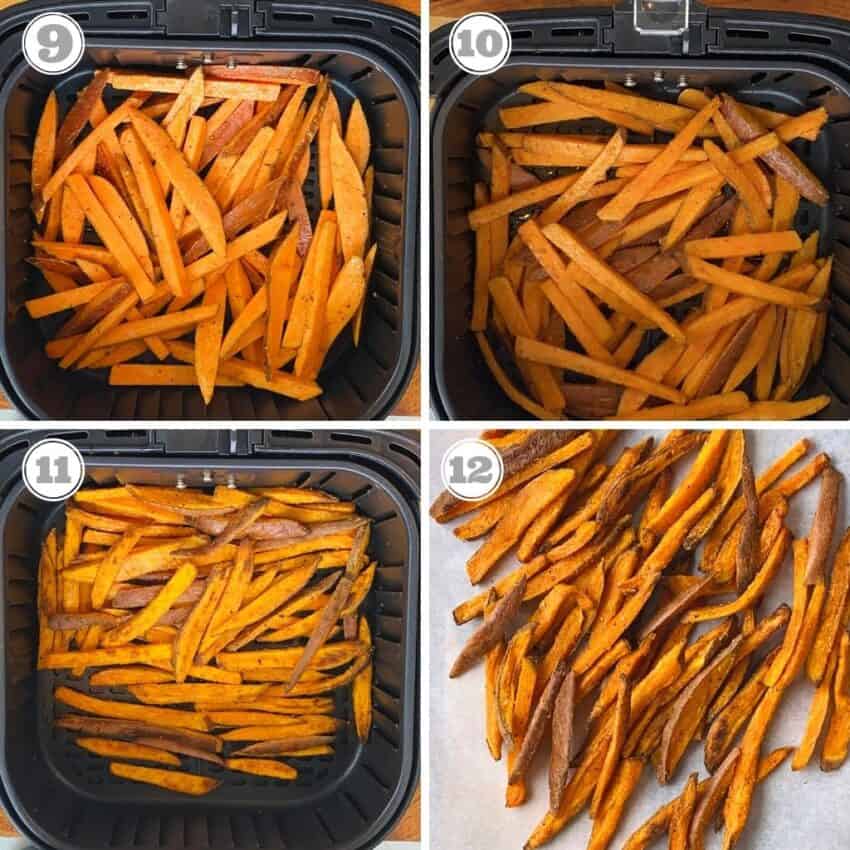 photos nine through twelve showing how to air fry sweet potatoes 
